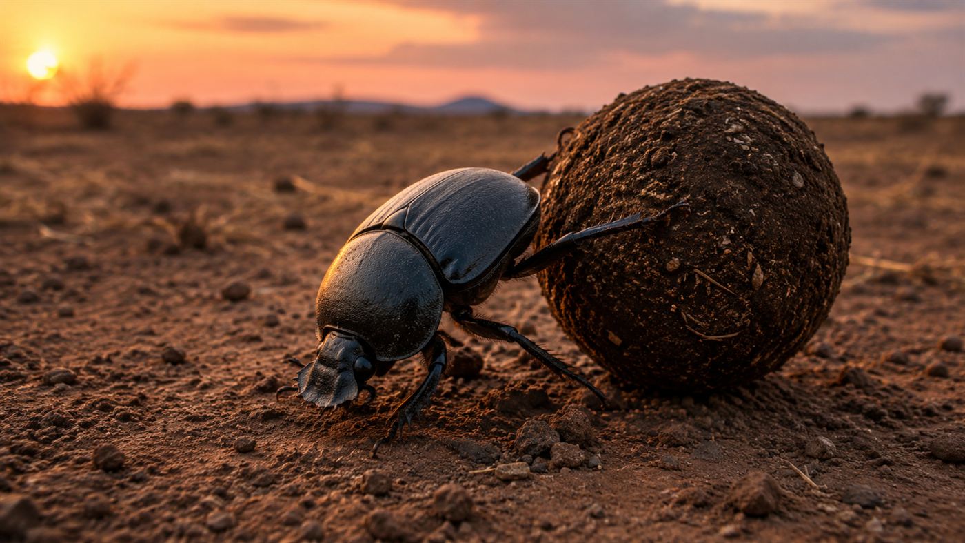 A shiny black dung beetle rolling a large round ball of dung across dry savanna soil at dusk
