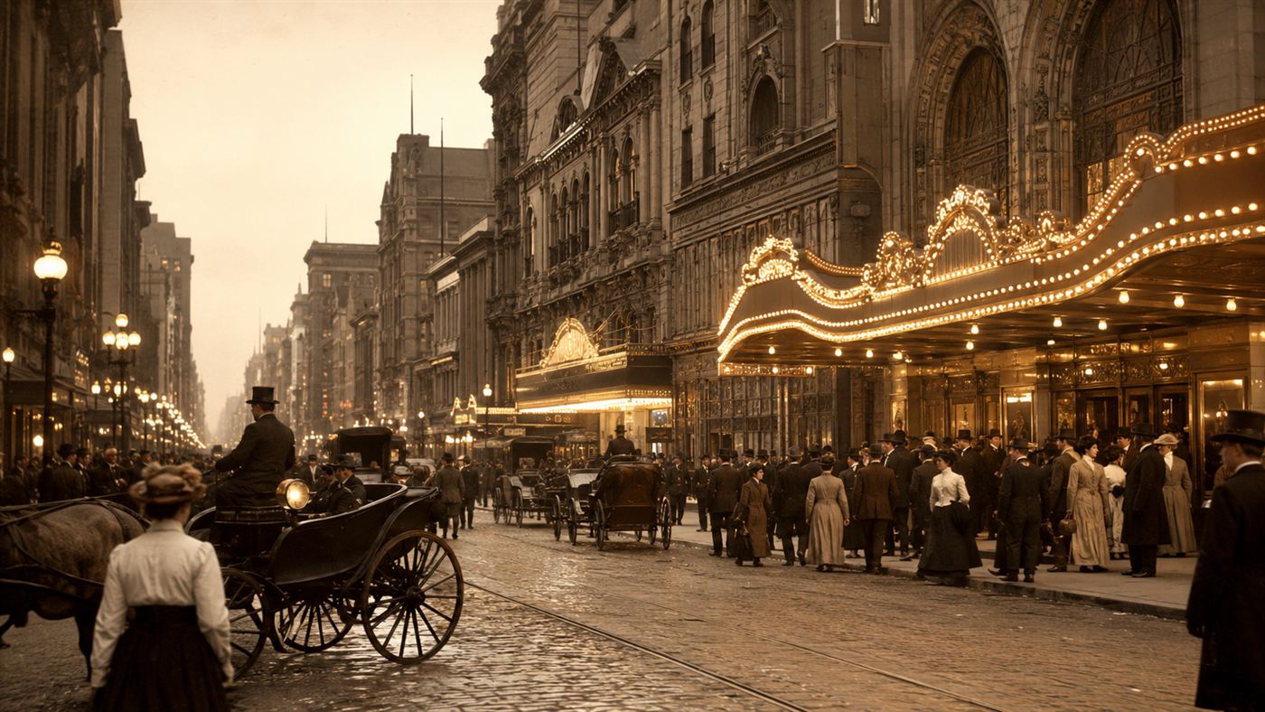 A busy early-1900s Chicago theatre district street with grand theatre facades, marquees and horse-drawn traffic
