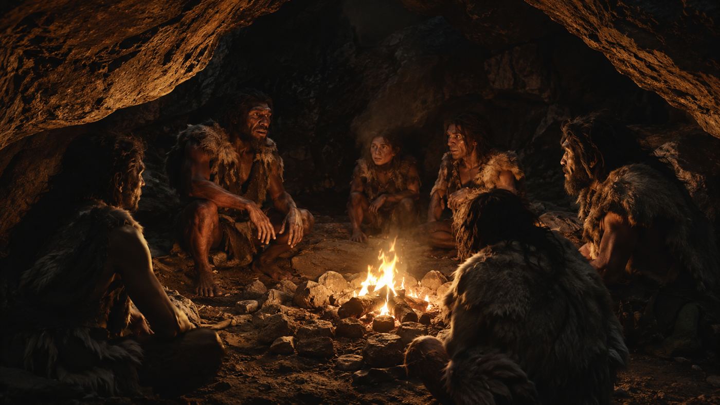 Early humans gathered around a small controlled fire deep inside a dark cave