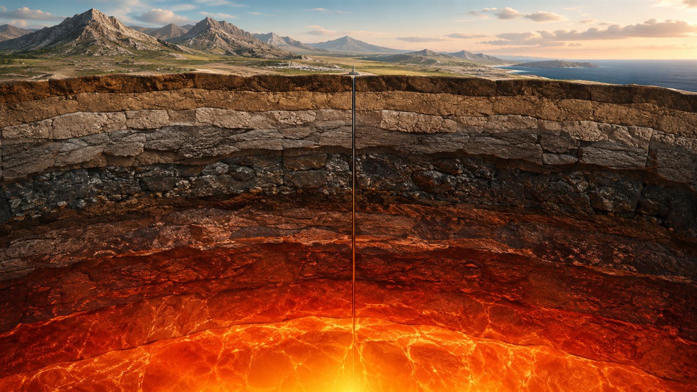 A cutaway illustration of the Earth's crust with a single thin borehole descending into deep hot rock