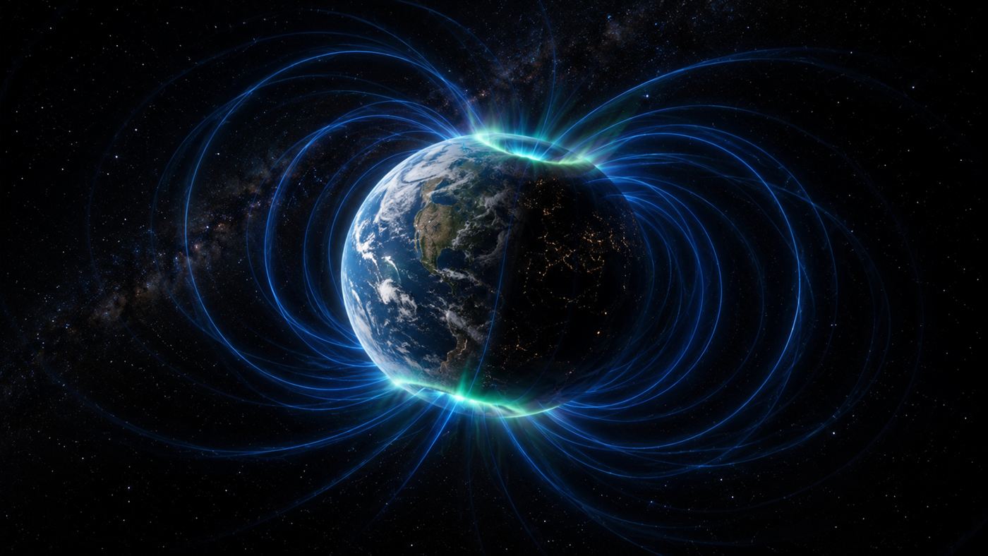 An artistic visualization of the Earth's magnetic field as faint glowing curved lines wrapping around the planet with aurora at the poles