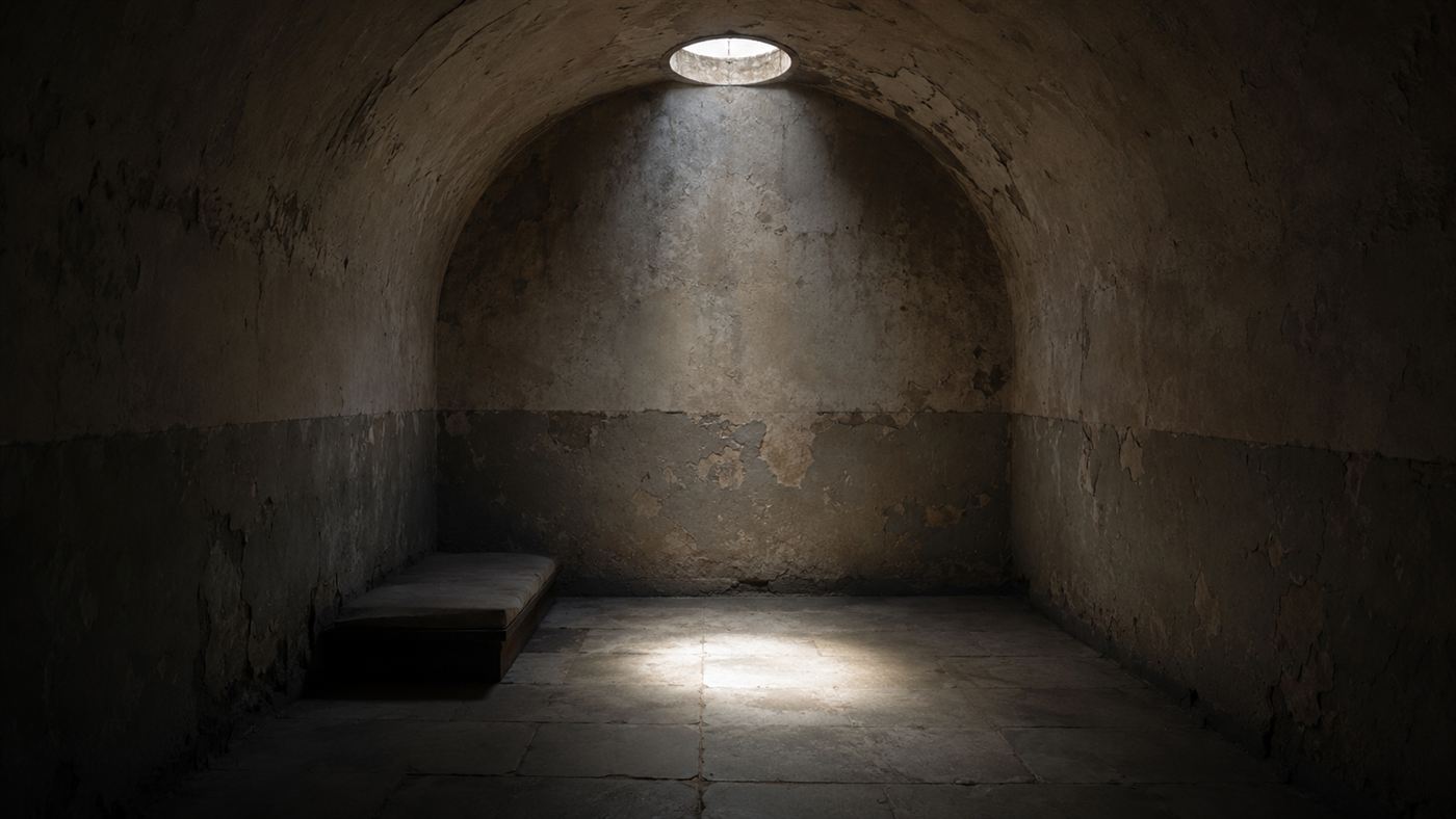 A single bare solitary prison cell with an arched ceiling and one small round skylight letting a shaft of light onto the floor