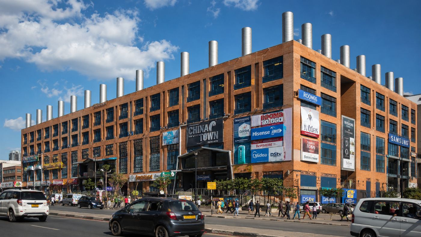 The Eastgate Centre, a brick office building with tall ventilation chimneys on its roof, in Harare