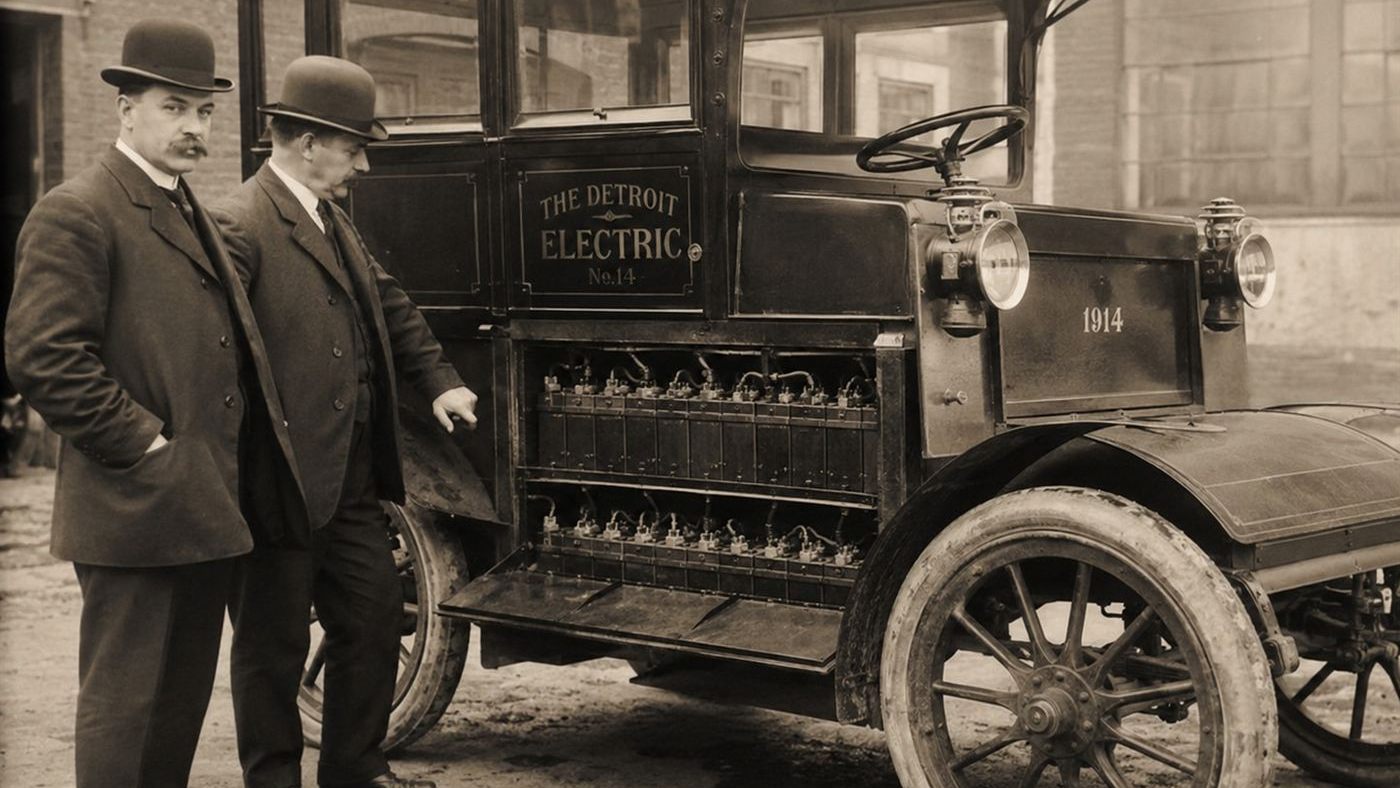 Two men in 1910s suits beside an early electric automobile with battery cells, the Edison Ford electric car of 1914