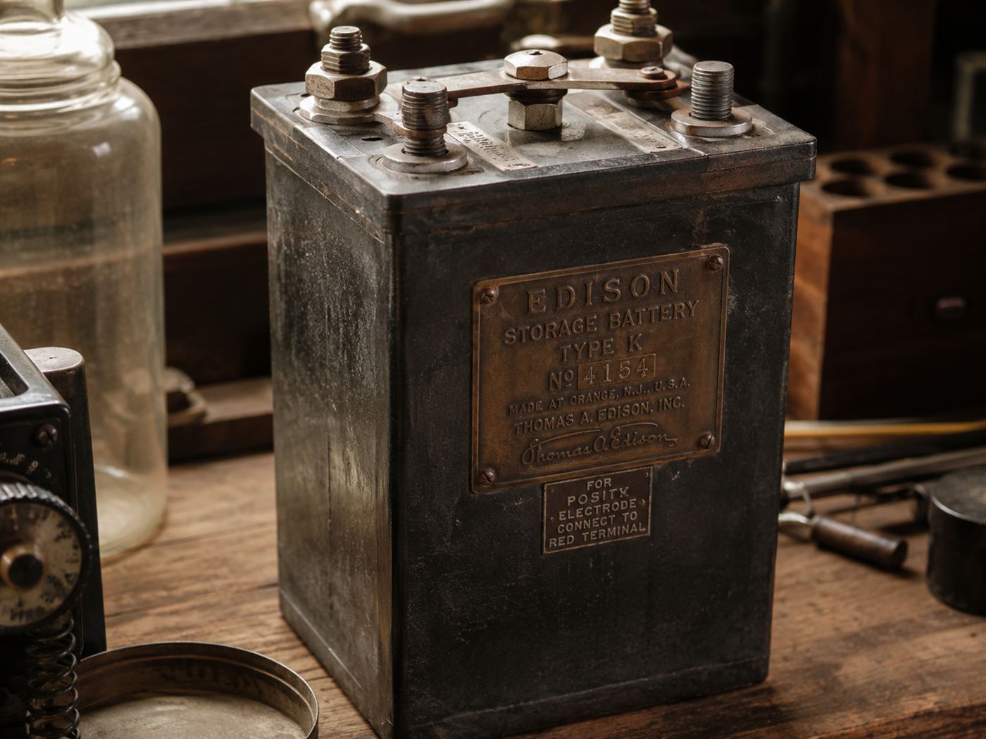 An early Edison nickel-iron battery cell, the durable but limited battery behind the Edison Ford electric car