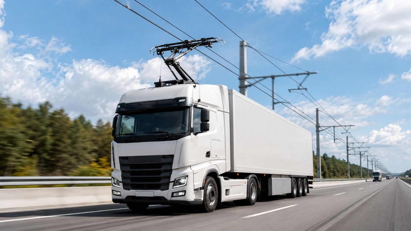 A hybrid truck driving under overhead electric wires on a highway, its roof pantograph raised to the catenary line