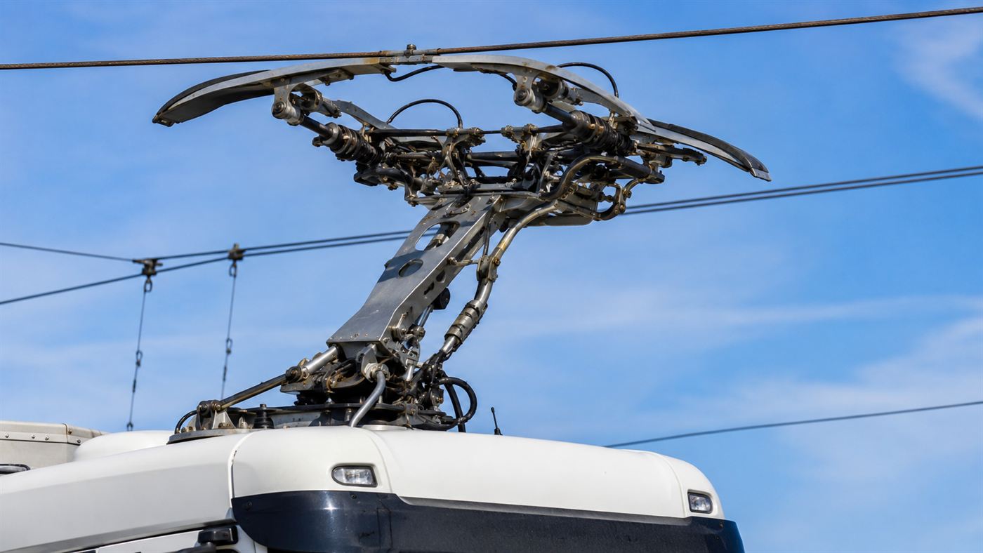 Close-up of a truck's roof pantograph reaching up and touching the overhead contact wire above a motorway lane