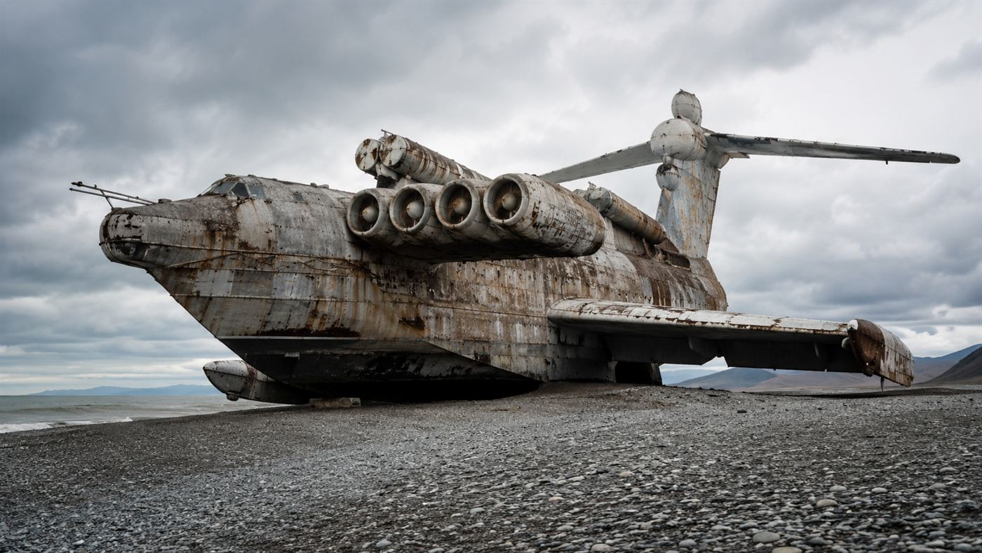 A huge abandoned rusting Soviet ekranoplan beached on a grey shore under an overcast sky