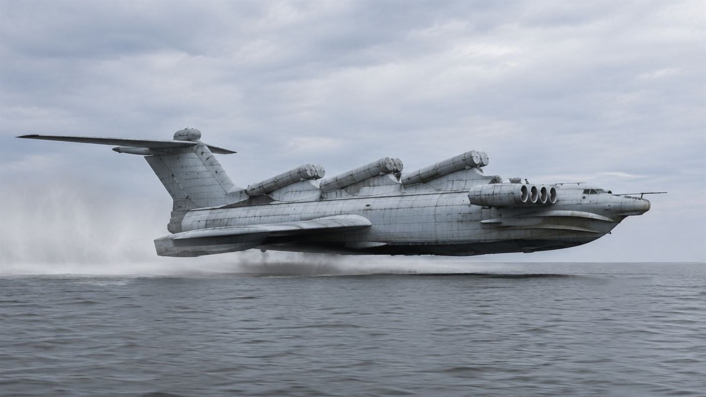 A massive Soviet ekranoplan flying very low over calm water on a cushion of air, short wings and many jet engines