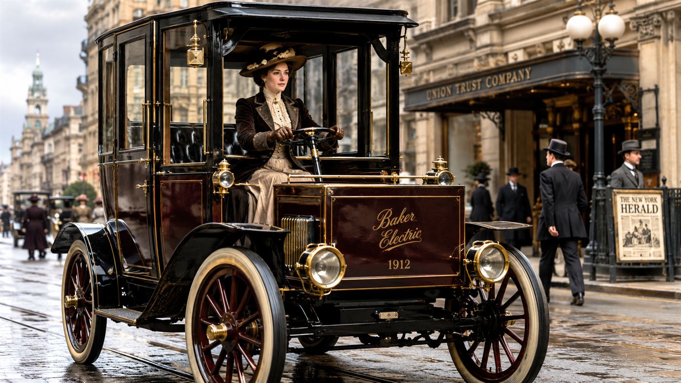 A well-dressed woman in 1910s clothing driving a tall enclosed electric car through a city street