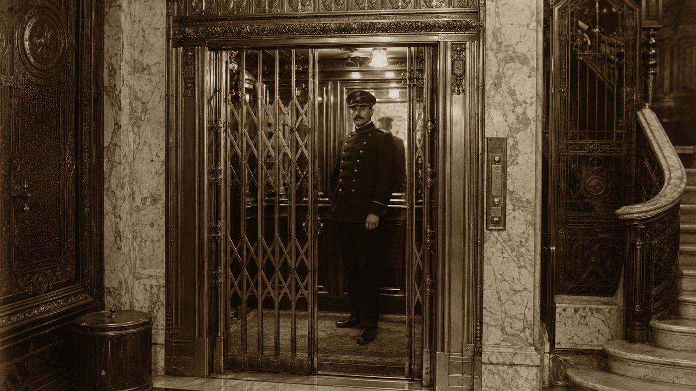 The ornate brass-and-iron interior of an 1890s electric passenger elevator with an operator