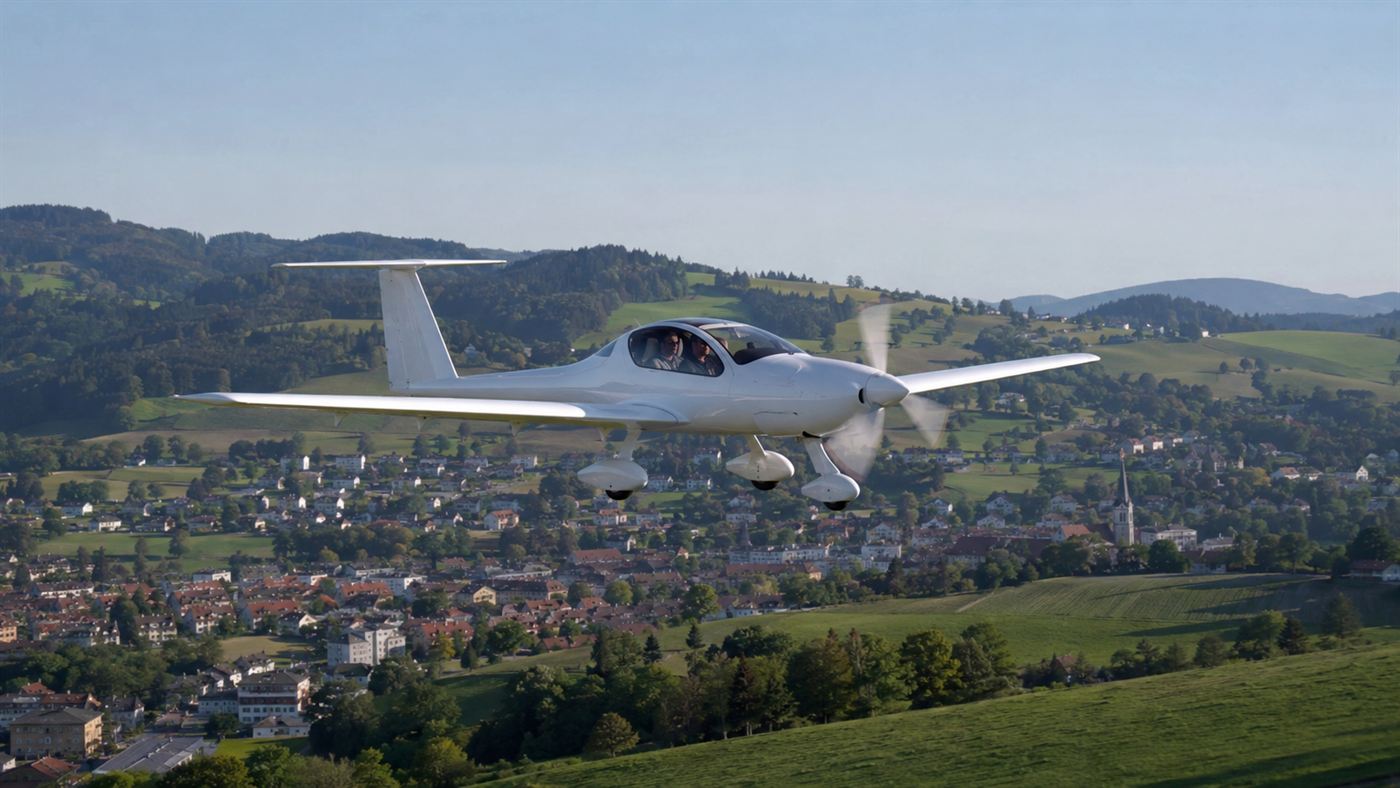 A small white electric plane flying low and quiet over green rolling hills and a small European town