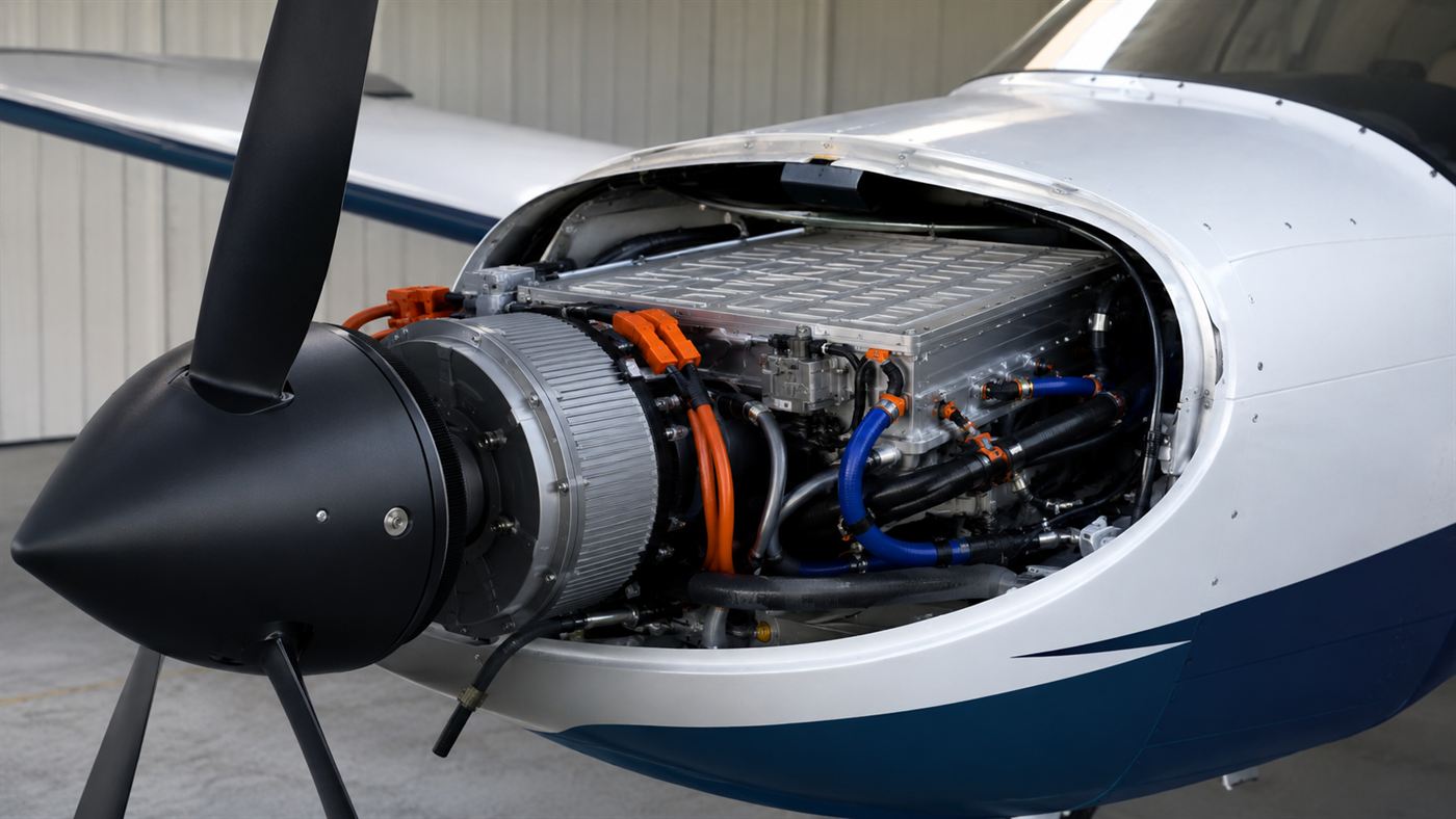 Close-up of an electric plane nose showing the electric motor, propeller and a compact liquid-cooled battery pack