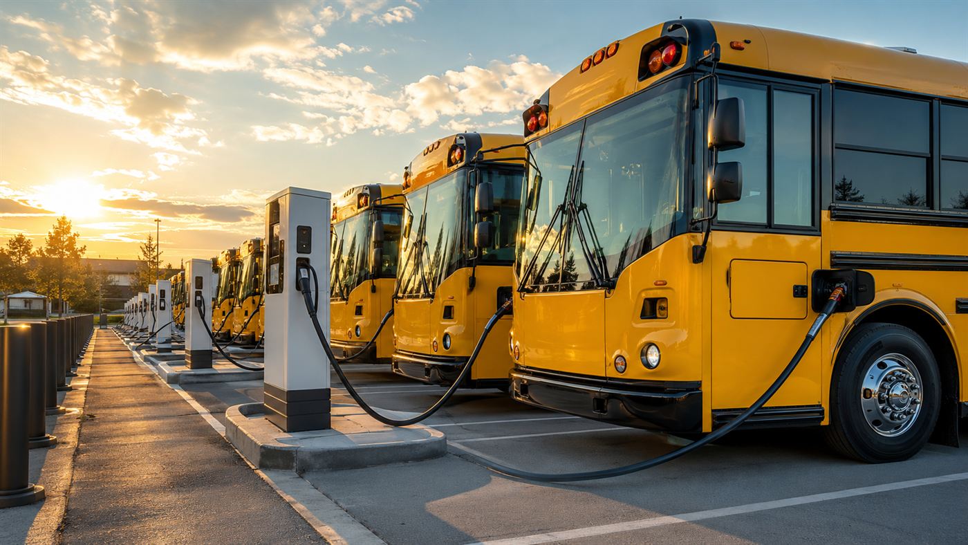 A row of yellow electric school buses plugged into chargers at a depot