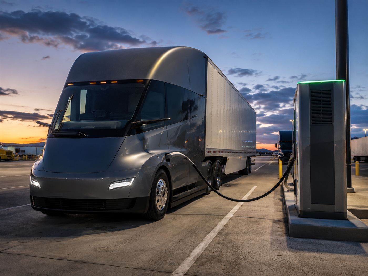 An electric semi truck plugged into a large fast-charging station at a highway truck stop