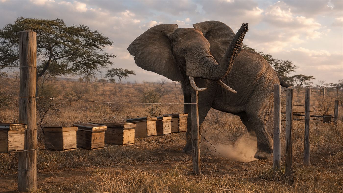 A large African bull elephant in dry golden savannah turning and backing away from a beehive fence in the foreground, ears flared and trunk raised