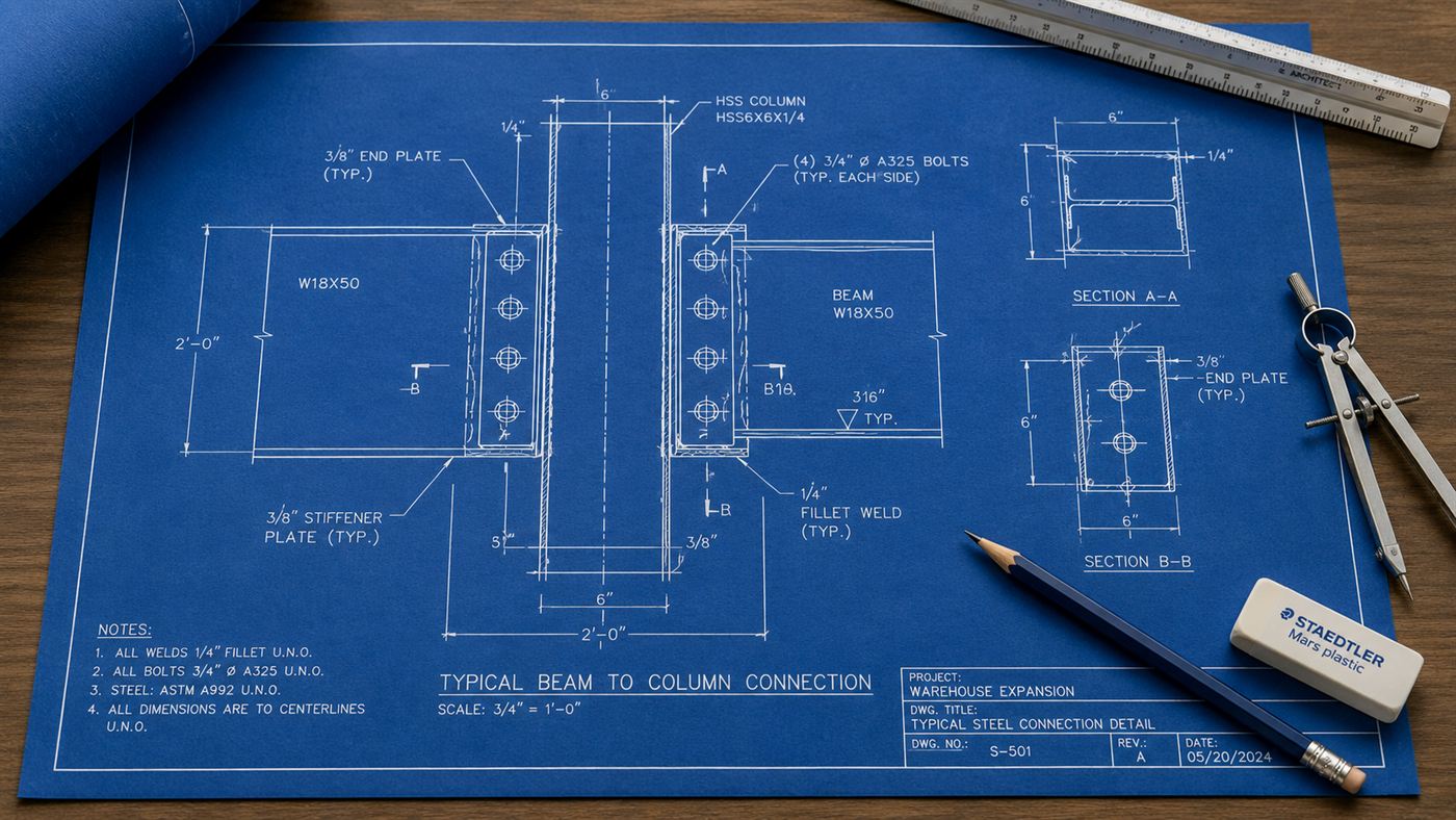 An engineering blueprint showing a structural steel connection detail, the kind reviewed after the Hyatt Regency walkway collapse