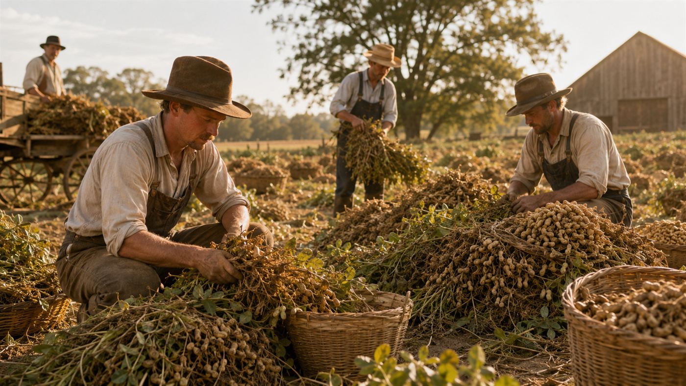 A bountiful early 20th century peanut harvest on an Alabama farm, baskets full of freshly dug peanuts