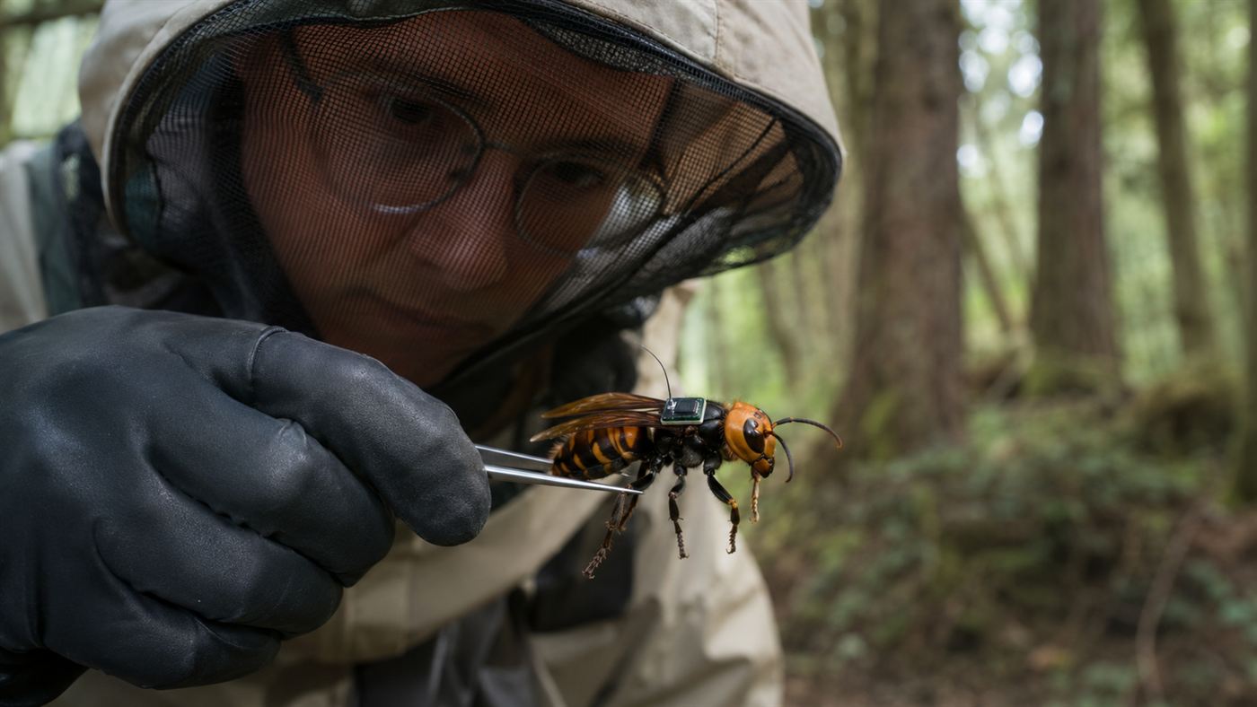 A field entomologist in protective gear holding a giant hornet fitted with a tiny radio tracker in a Pacific Northwest forest