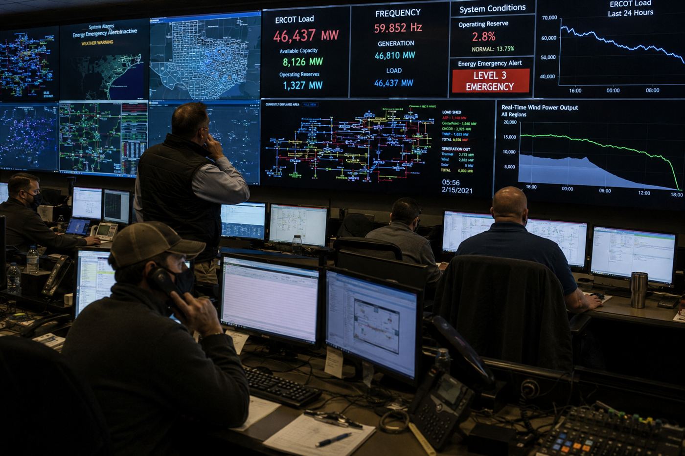 ERCOT power grid operators at computer workstations in the Texas electricity control room monitoring the grid during the Winter Storm Uri power outage emergency in 2021