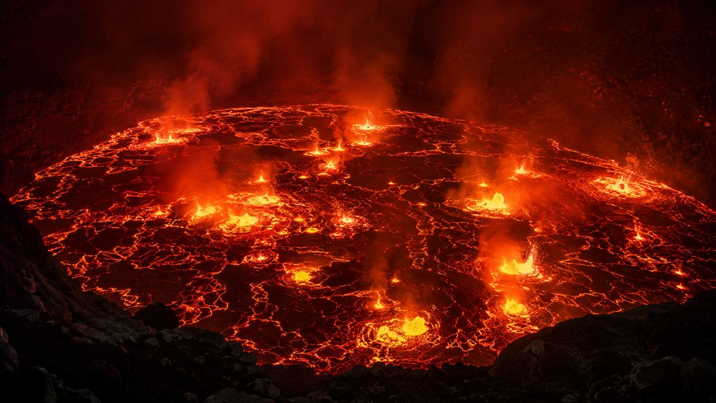 A churning red-orange lava lake glowing at night in a dark volcanic crater with black crust, Erta Ale lava lake in the Danakil