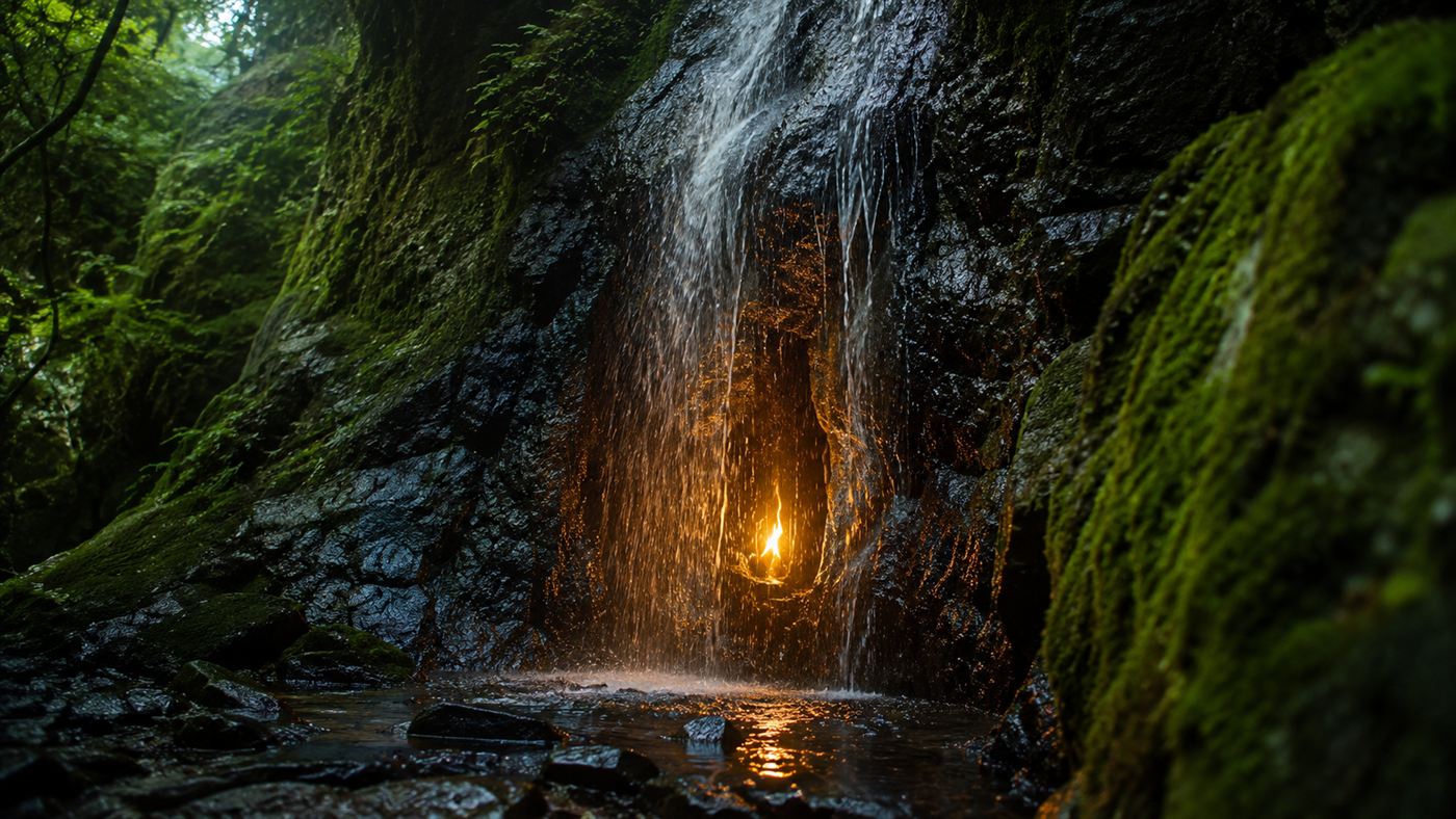 A small golden flame glowing in a wet rocky grotto with a thin waterfall cascading past it in a green forest gorge