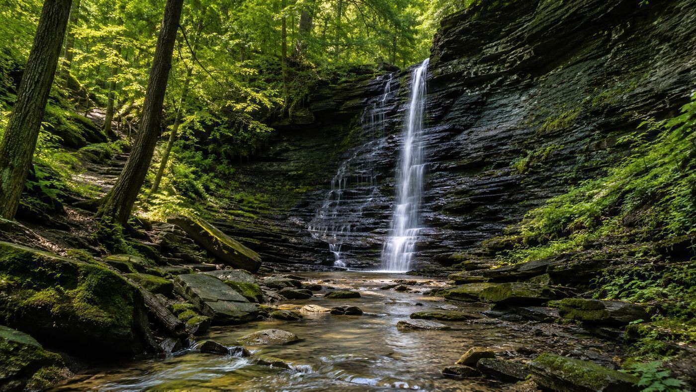 A green forested shale gorge with a thin waterfall dropping over dark layered rock into a stream