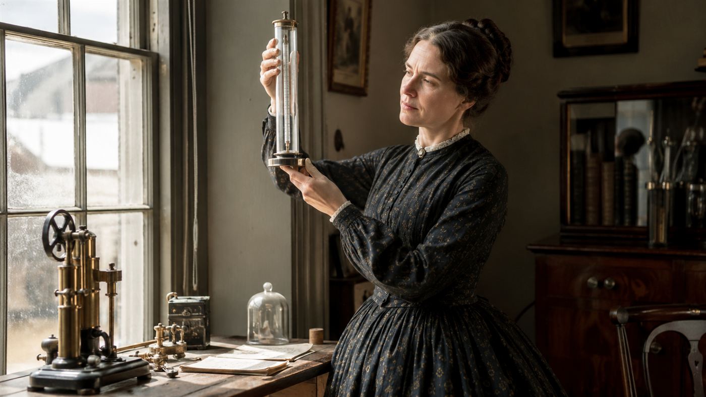 A woman in a mid-19th-century dress in a sunlit home study holding a glass cylinder with a thermometer up to the sunlight, with brass scientific instruments on the table
