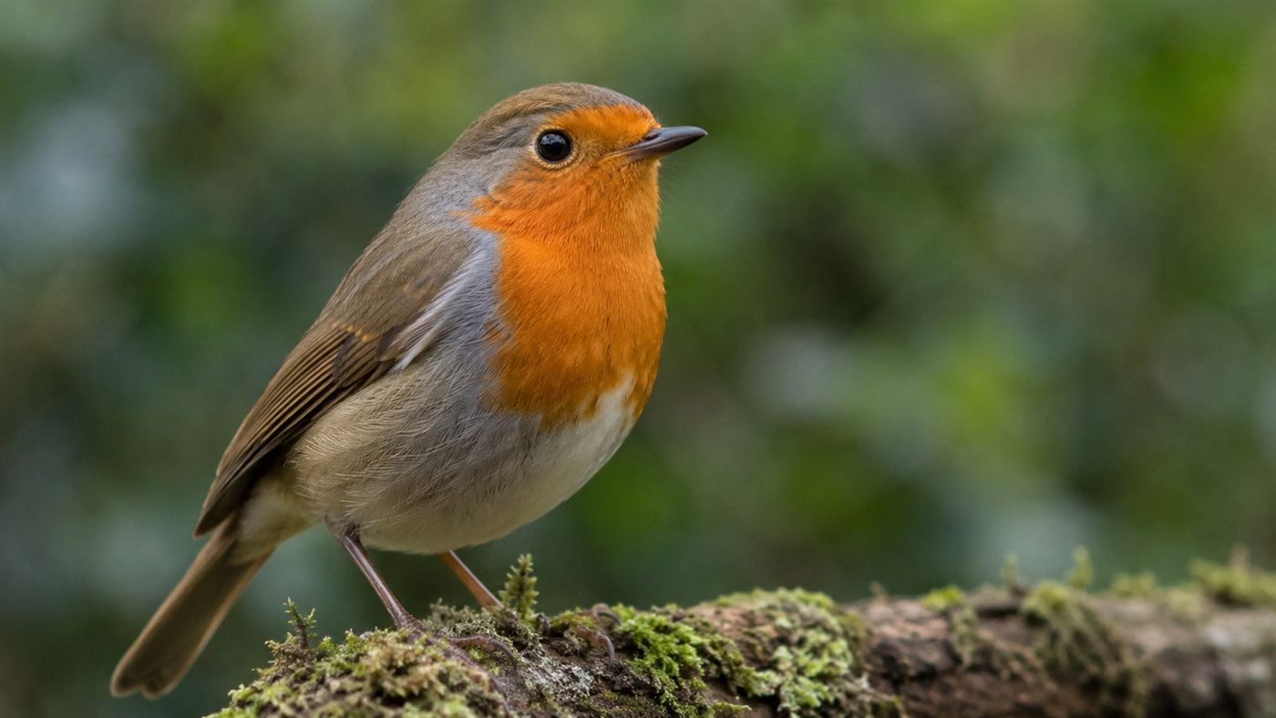 A close-up of a European robin with its orange breast perched on a mossy branch, its eye in sharp focus
