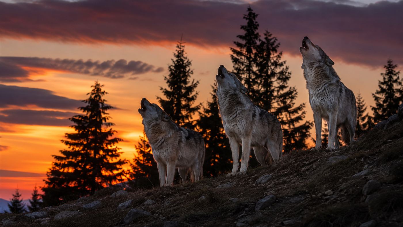 A European grey wolf pack on a forested hillside at dusk, three wolves howling together, pine trees behind them, dramatic sky