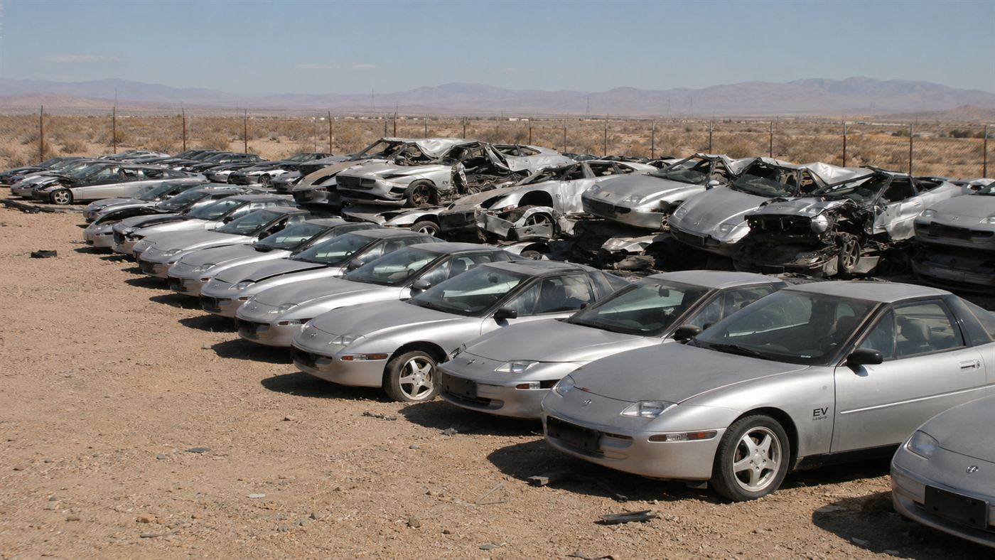 Rows of GM EV1 electric cars stacked and crushed in a fenced desert lot in Arizona