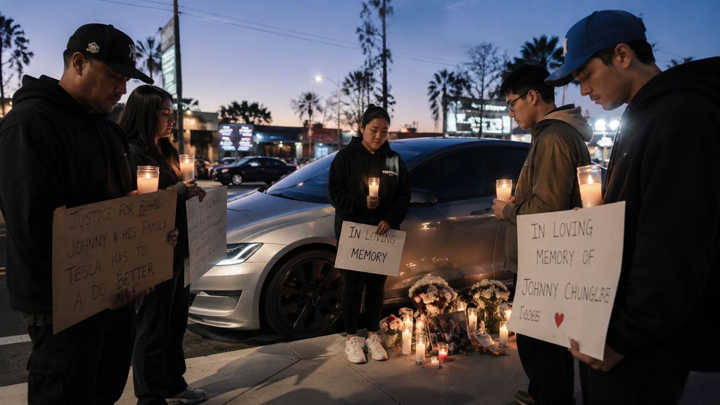 People holding candles and signs at a vigil for the GM EV1 electric car at dusk