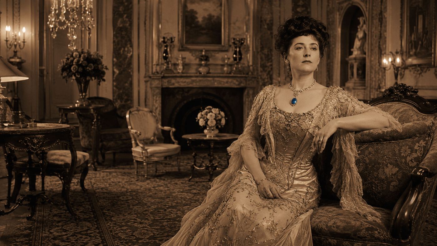 An early 1900s studio portrait of an elegant wealthy American socialite in a formal gown wearing a large blue diamond pendant