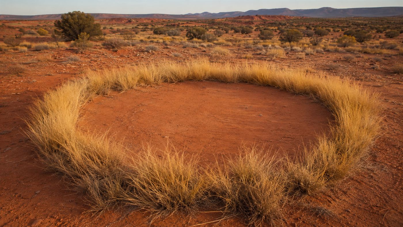 A single fairy circle at ground level, a round bare patch of reddish soil ringed by tall golden desert grass