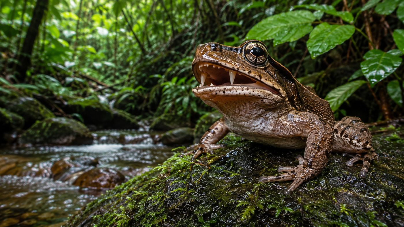 A brown fanged frog on a wet rock beside a forest stream, small fang-like projections in its mouth