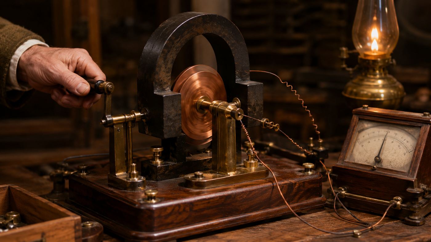 A copper disc spinning between the poles of a horseshoe magnet, Faraday's first electric generator apparatus