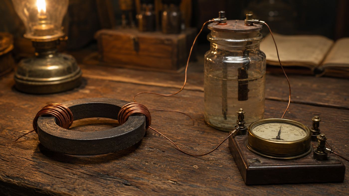 An iron ring wrapped with two separate coils of copper wire connected to a battery and a galvanometer on a bench