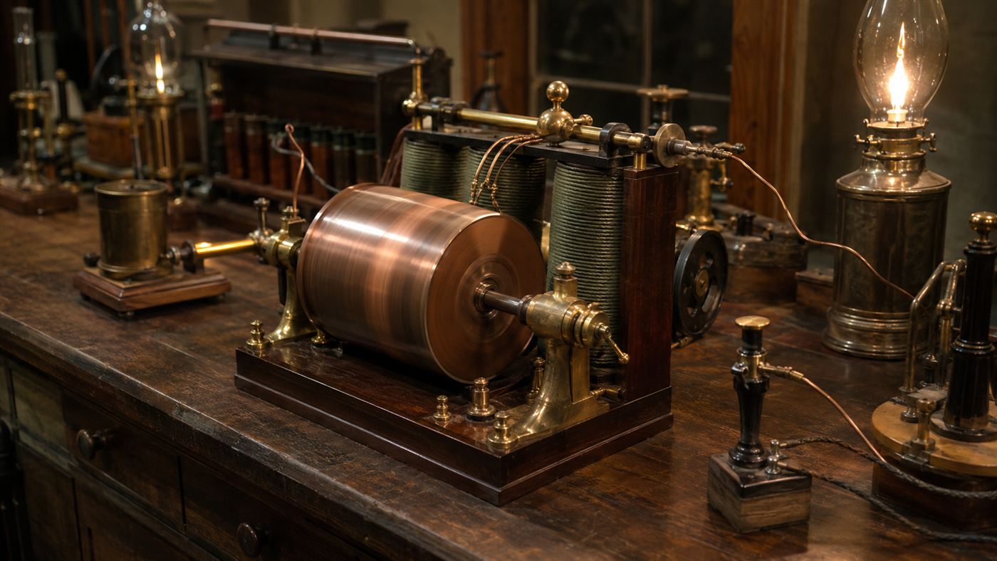 An 1880s laboratory bench with the kind of early AC induction motor Galileo Ferraris built