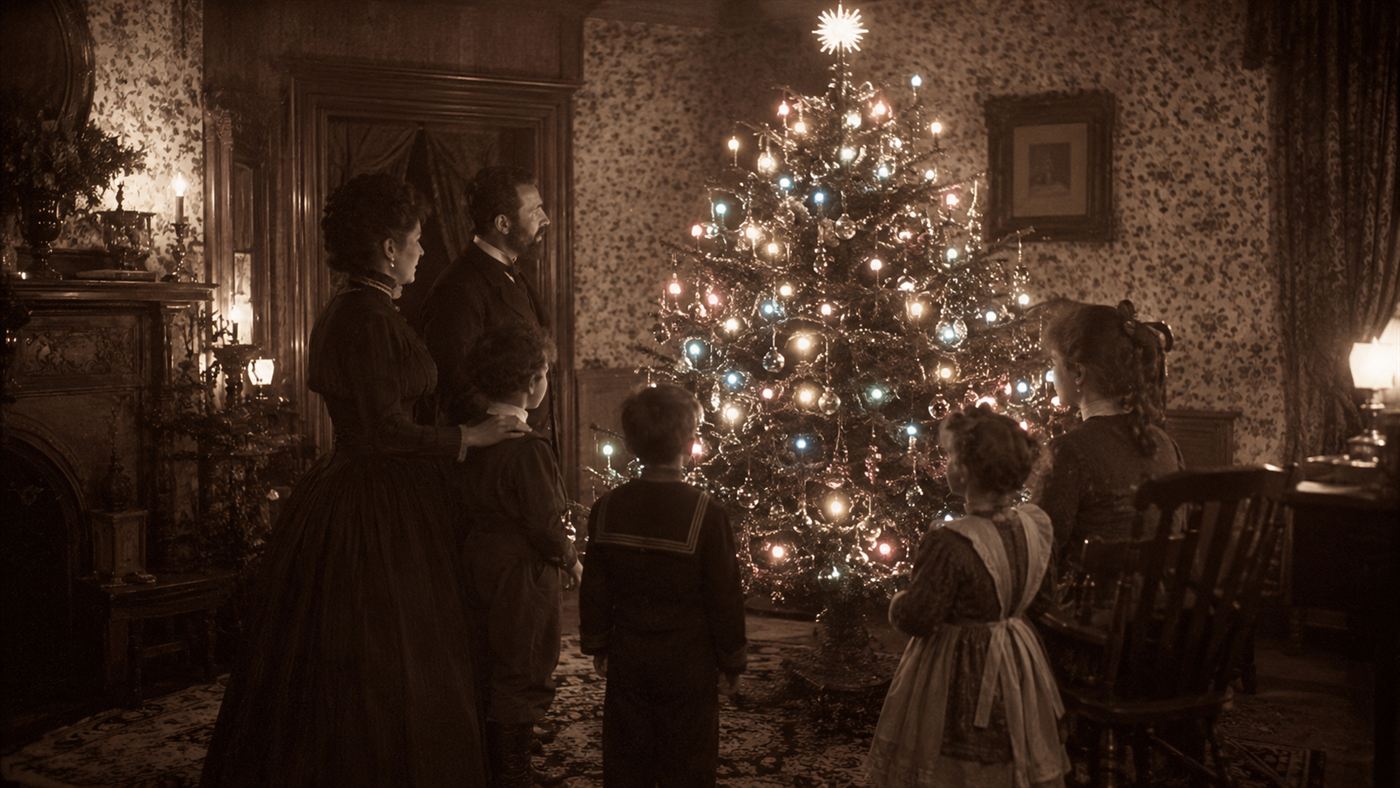 An 1882 Victorian parlour with a tree of early electric Christmas lights