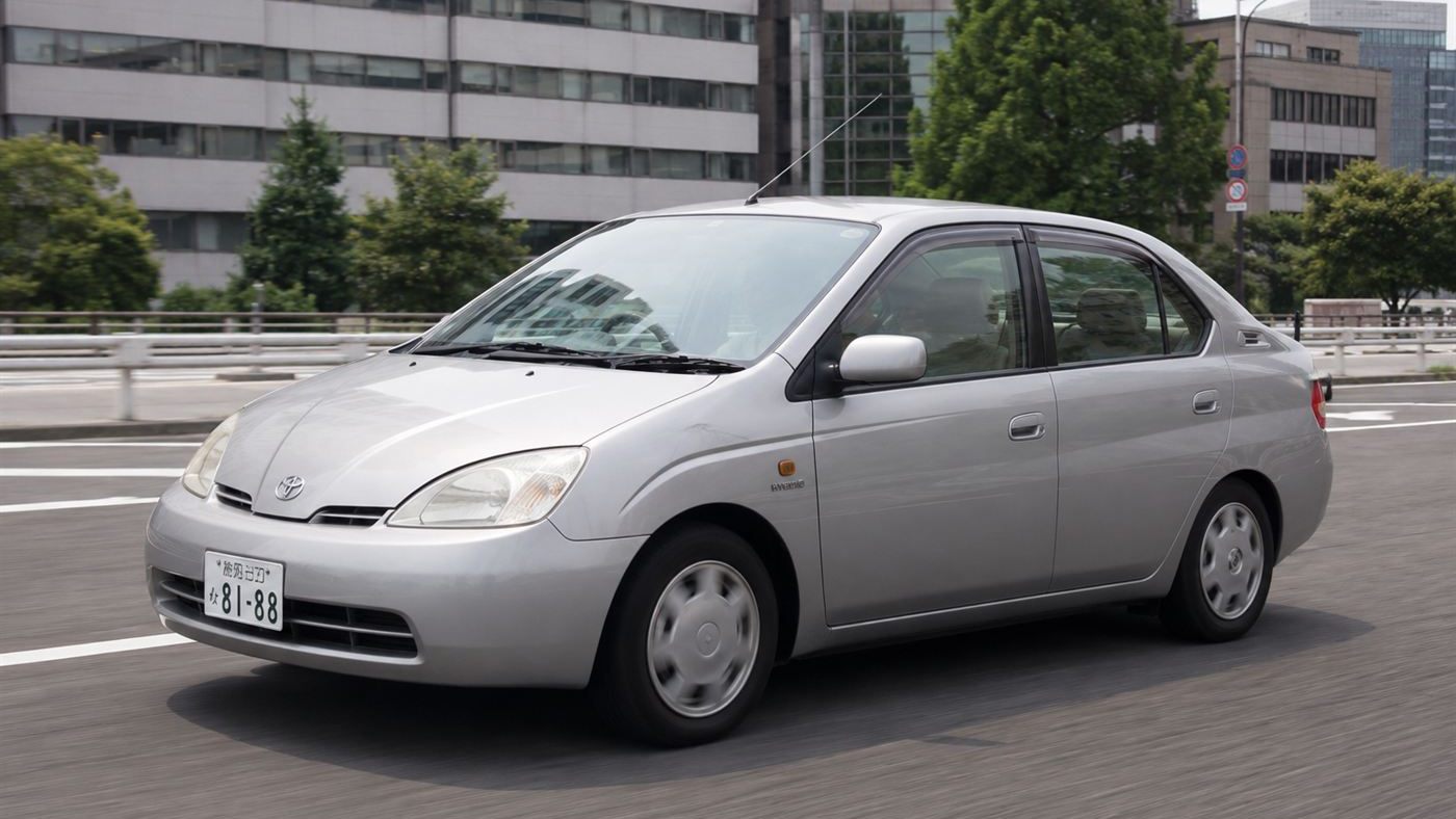 A small late-1990s hybrid sedan on a road, like the first Toyota Prius of 1997