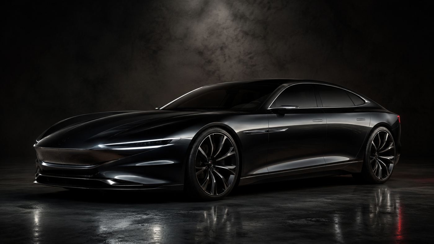 A sleek low luxury electric sports sedan with a long hood under dramatic studio lighting, evoking the Fisker Karma