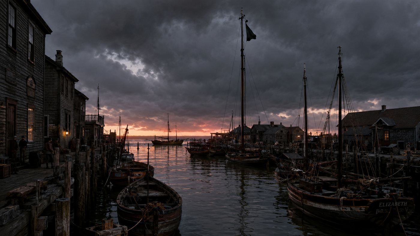 A Victorian harbour with a tall signal mast flying a black storm-warning cone as fishing boats shelter below a dark sky