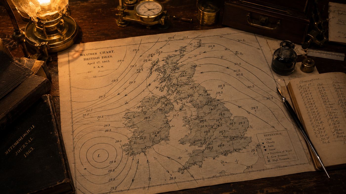 An early hand-drawn weather chart of the British Isles covered in pressure readings and arrows on a Victorian desk