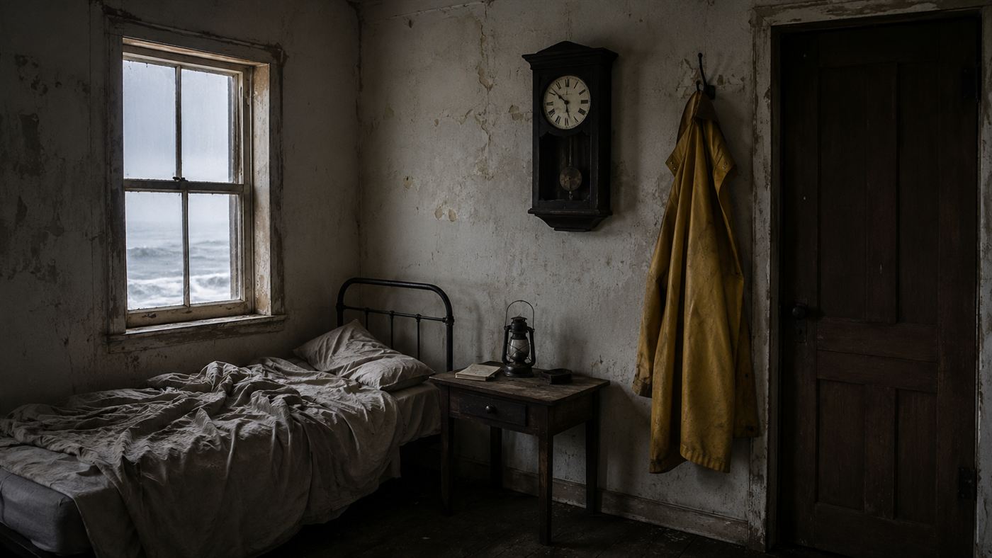 The dim interior of a 1900 lighthouse with an unmade bed, a stopped clock and an oilskin coat by the door