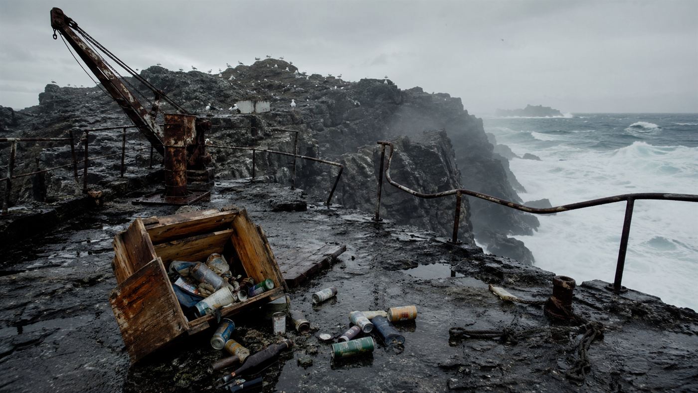 The storm-battered west landing of Eilean Mor with bent iron railings and a wrecked crane above a furious sea