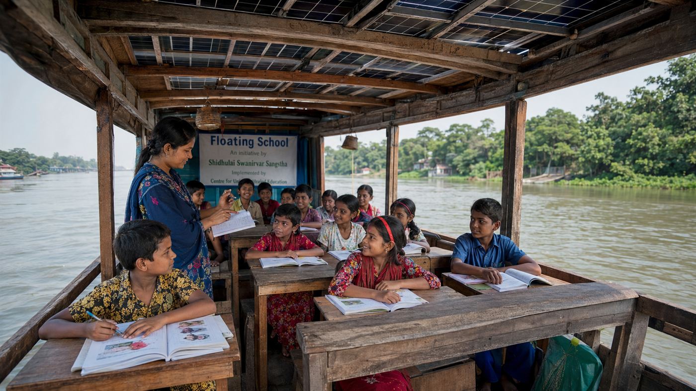 South Asian children sitting at small desks inside a wooden boat that serves as a floating classroom on a river in Bangladesh, with solar panels on the roof and a teacher beside them