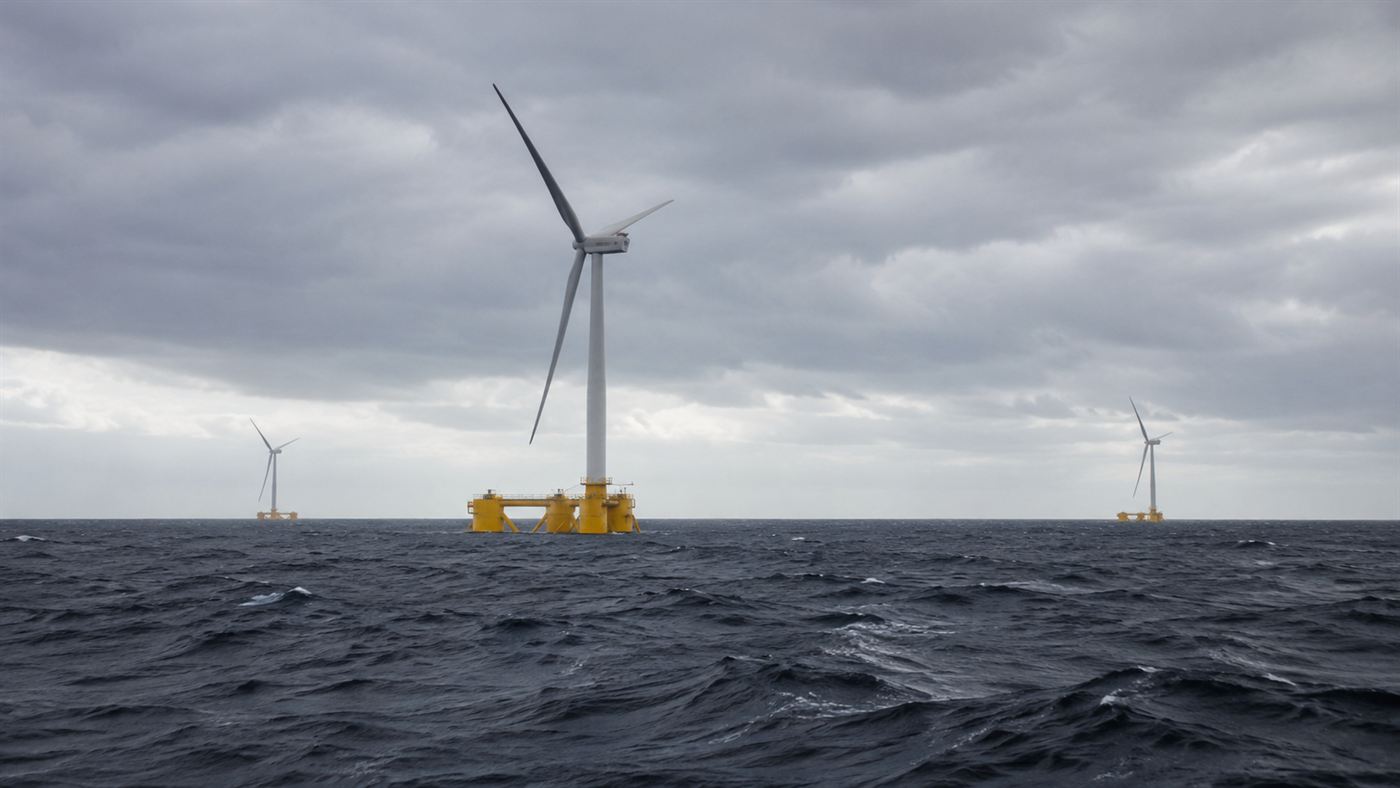 A floating wind farm of turbines on the open sea far from shore, the Hywind Scotland project