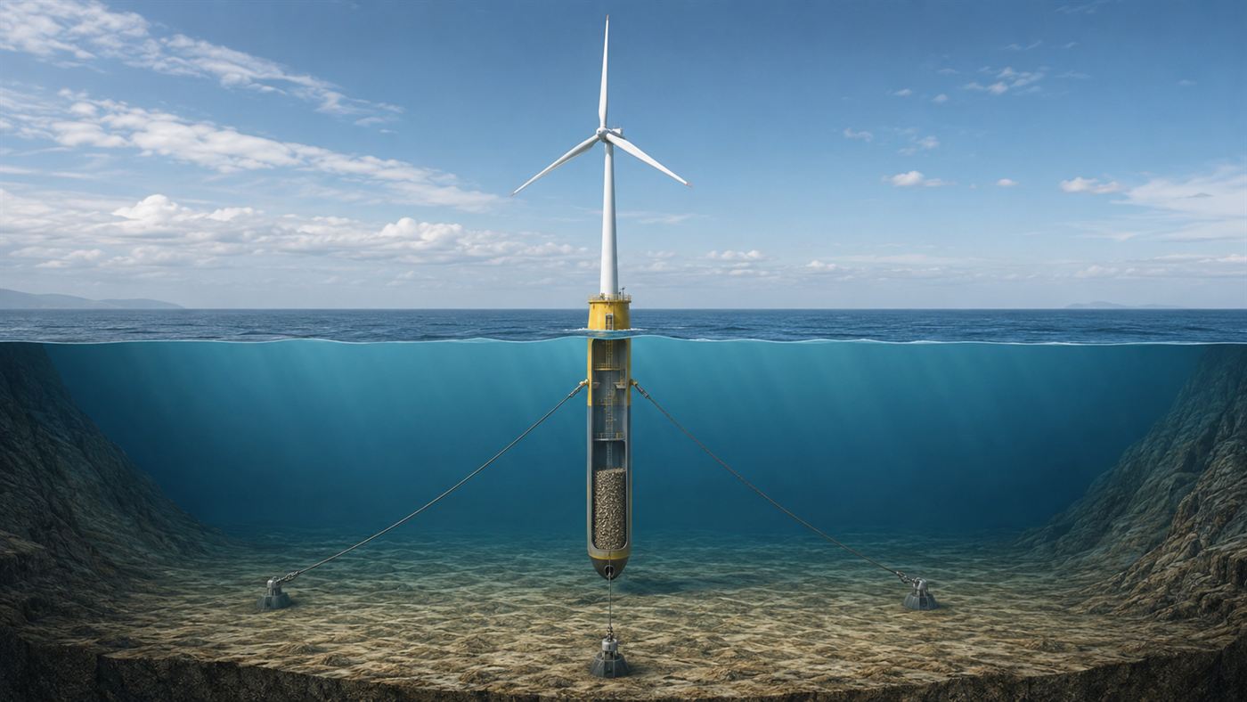 Diagram of a floating wind turbine on a ballasted spar buoy held by three mooring lines in deep water