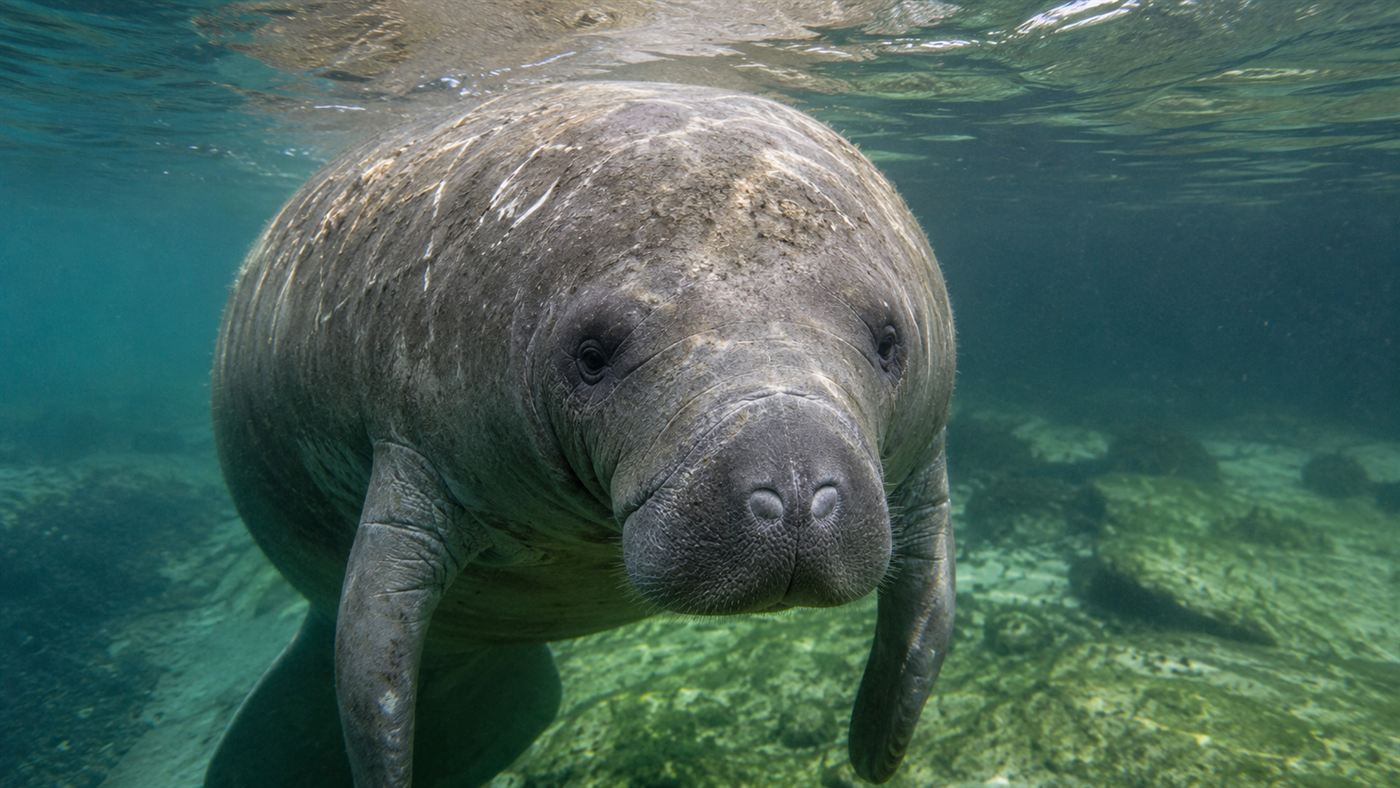 Close-up of a single Florida manatee at the surface of clear warm water with old scars on its back