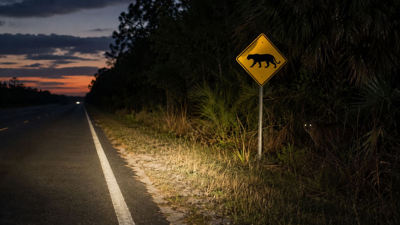 A Florida highway at dusk with a wildlife crossing sign and a panther's eyes reflecting near the dark roadside, the top threat to the species